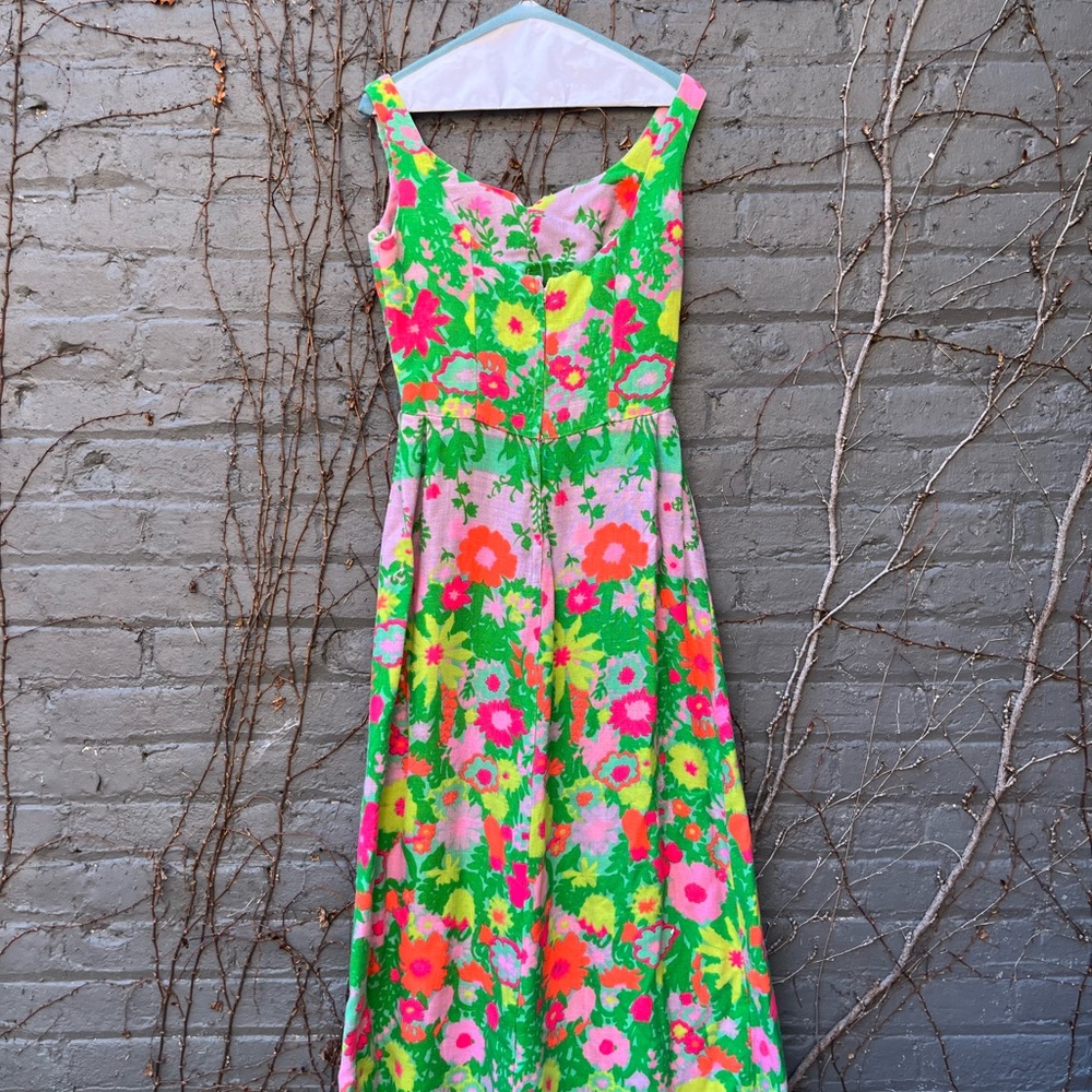 1960s Mod Floral Linen Maxi Dress with Green Bow/Festival/Bohemian/Folk - Picture 6 of 7